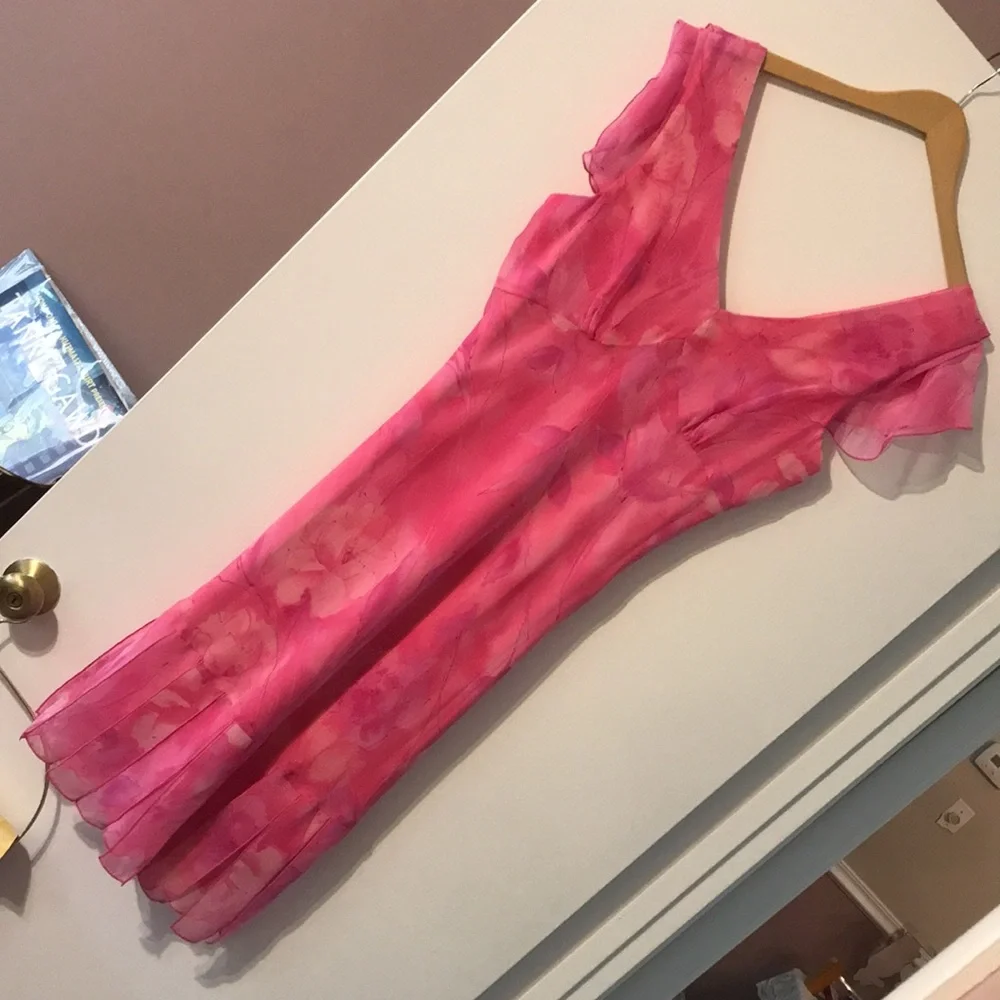 Vintage 90s Cap Sleeve Pink Midi Dress Rare Y2k Milkmaid Fairy Coquette Barbie M - Picture 4 of 17